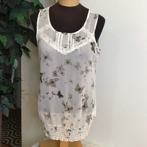 Maurices Sheer Butterfly Print Tank Top Small NWT White Cream